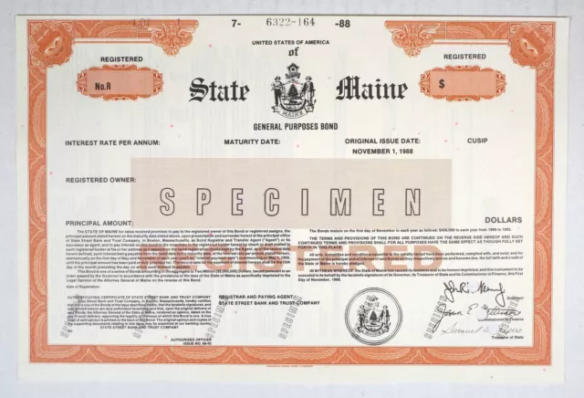 State of Maine, 1988. Registered Specimen Bond, XF-AU, ABNC