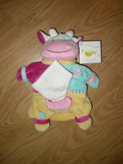 DOUDOU PELUCHE VACHE MOUCHOIR ROSE JAUNE blanc BLEU marionnette baby nat babynat