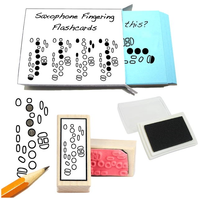 SAXOPHONE TEACHER GIFT set Flashcards, Fingering Rubber Stamp & Black
