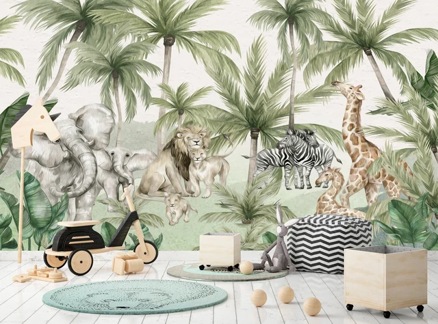 JUNGLE PHOTO WALL Mural Safari Animals Photo Wallpaper Kids Nursery ...