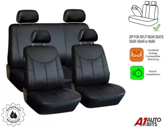 Car Seat Covers Full Set Black Leatherette Protectors Rear Split For Kia Hyundai