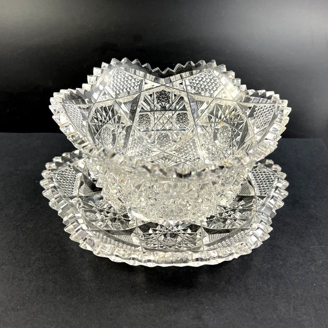 Antique ABP Brilliant Cut Glass Mayonnaise Bowl w/ Underplate