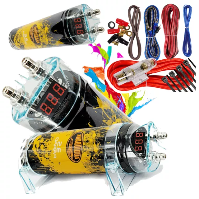 3500 Watts PRO 3.5 Farad Capacitor Car Audio Power 12V Display + 8 Gauge amp KIT