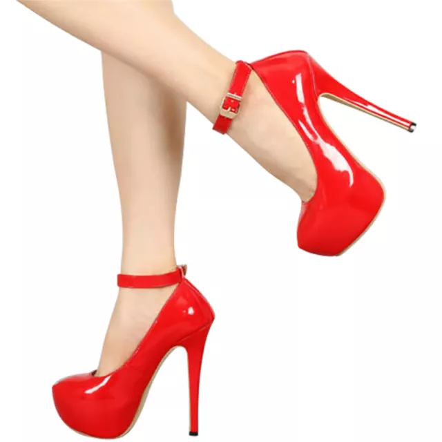 Womens Sexy Stiletto High Heels Ankle Strap Pumps Patent Leather Platform Shoes