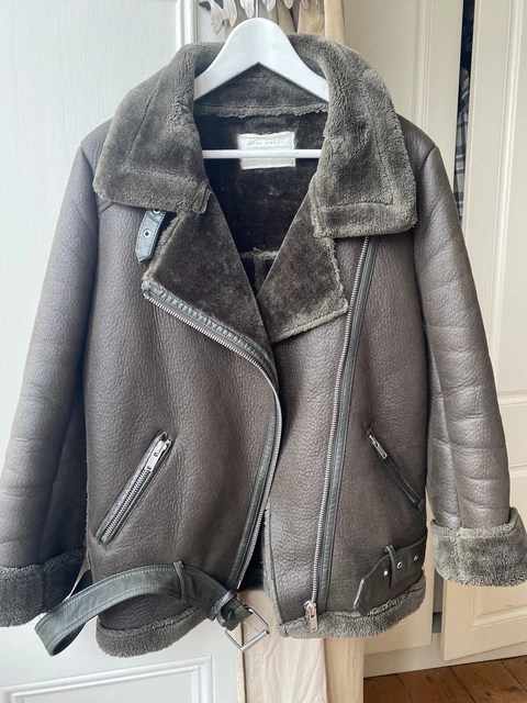 VESTE DE MOTARD Zara Noir Faux Cuir Shearling Double Face Manteau