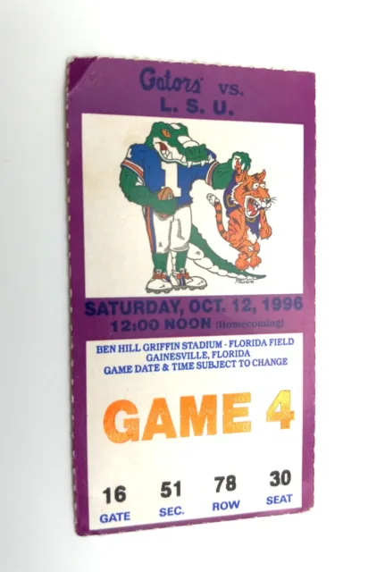 Ticket Stub from Oct 12, 1996 Florida Gators vs L.S.U. Gainesville Football Game