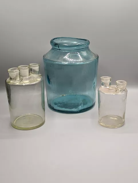 Apothecary Pair Laboratory Woulfe Glass Bottles & Large Preserve Jar - 19th C