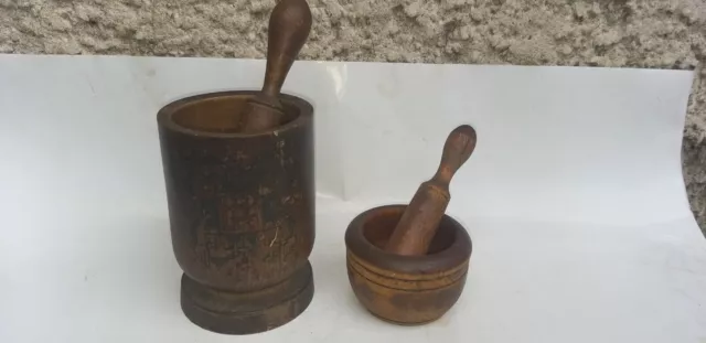 Lot Antique Primitive Old Wooden Cup Mortar And Pestle For Spices