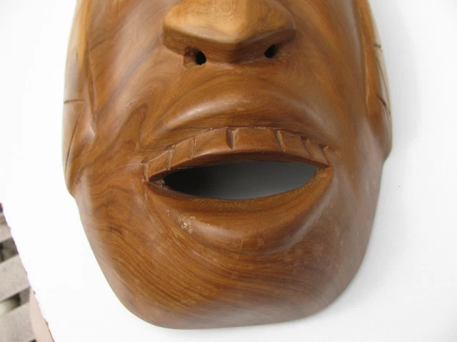 Vintage Hand Carved Mahogany Wood Grain African Mask Eyes Nose Mouth Cut Out 2