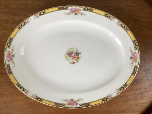 Vtg Oval Serving Platter ~ Yellow Rim Pink Roses ~ 13 1/2”~ Edwin Knowles