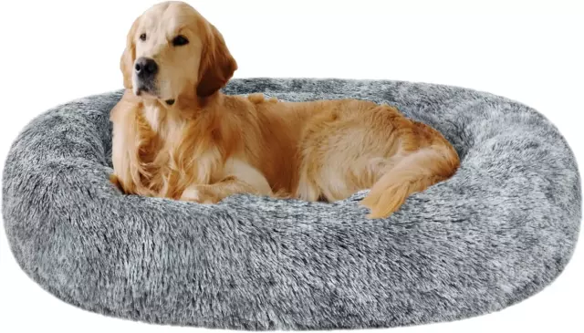 Coohom Oval Calming Donut Cuddler Dog Bed,Shag Faux Fur Cat Bed Washable round P