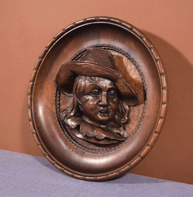 French Antique Hand Carved Breton Chestnut Wall Plaque with Face