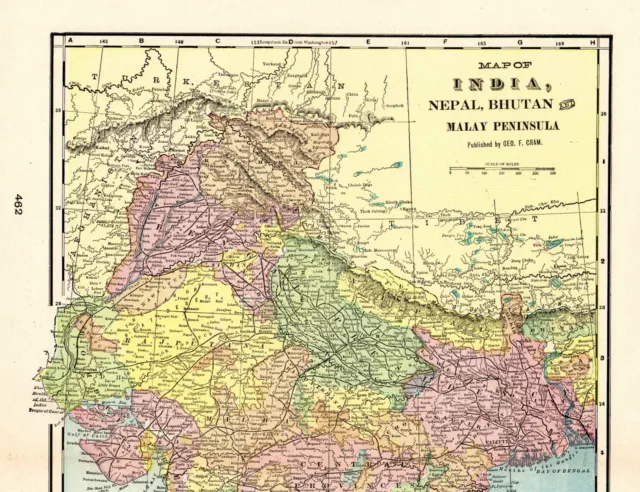 1905 Antique INDIA Map George Cram Atlas Map of India Gallery Wall Art 8706