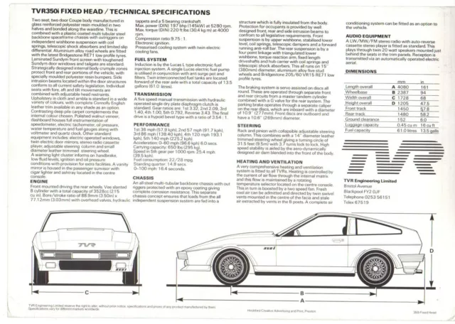 TVR 350i Fixedhead Coupe 1985-87 UK Market Single Sheet Sales Brochure 2