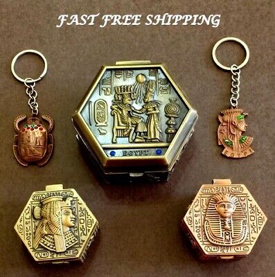 3 Egypt Pharaoh Carved Metal Pewter Storage Jewelry Box +2 Keychains Free Gift