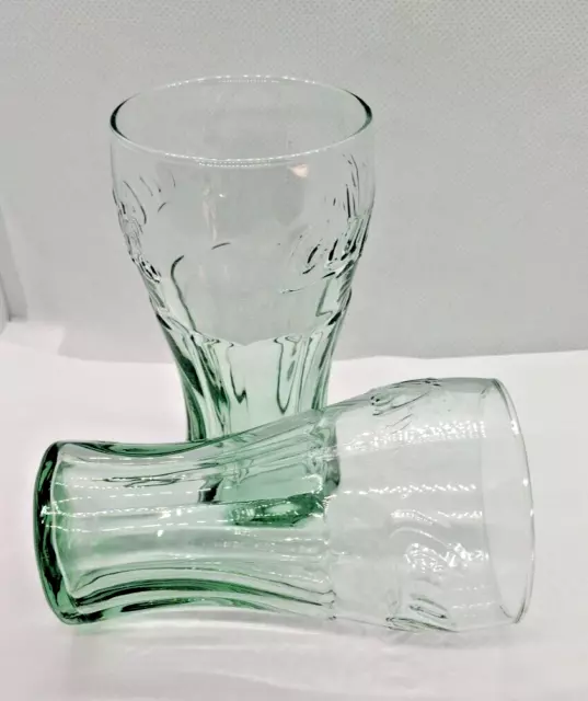 2 Retro Vintage Coke Glasses Coca Cola Green Embossed Coke 4 1/2 inches tall