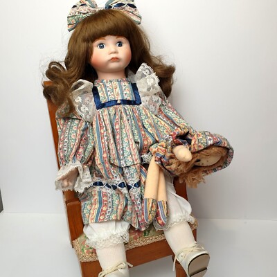 Sitting Porcelain Doll Brunette Girl Flower Dress with Chair and Dolly 40cm
