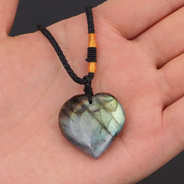 Natural Quartz Labradorite Crystal Heart Shape Pendant Healing Stone Necklace UK