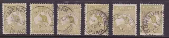 KANGAROO 1914 3d Olive Green SHADES 1st WMK X6 USED SG 5 CV$100+ (ND137.4)