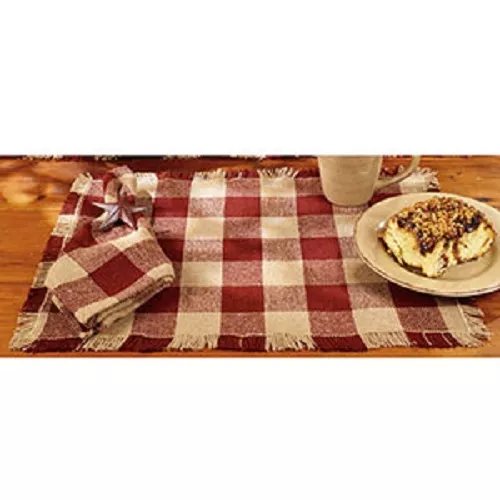 Primitive Country Rustic Barn Red & Tan / Beige Check Cotton Burlap Placemat