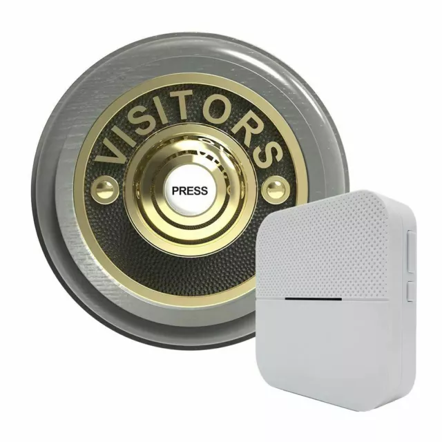 Traditional Round Wireless Doorbell VISITORS in Grey Ash and Brass