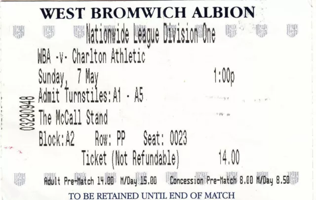 Ticket - West Bromwich Albion v Charlton Athletic (Undated)