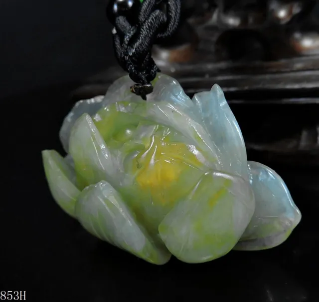 100% Natural Hand-carved Jade Pendant Jadeite Necklace lotus flower 853H