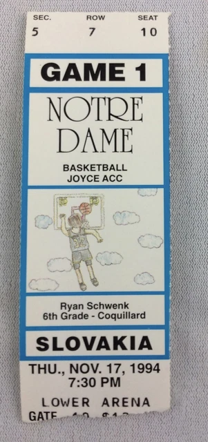 1994 11/17 Slovakia at Notre Dame Basketball Ticket Stub - Seat 10
