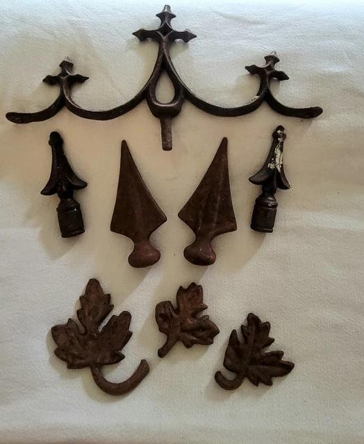Antique Lot Of Architectural Salvage Cast Iron Fence Gate Topper, Finials & Deco