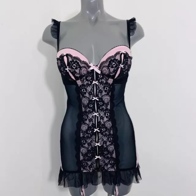 Sexy Ann summers black and pink uk size 12 babydoll suspender basque #H52