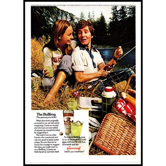 1974 Smirnoff Vodka Bullfrog Vintage Print Ad Summer Lake Fishing Picnic Photo