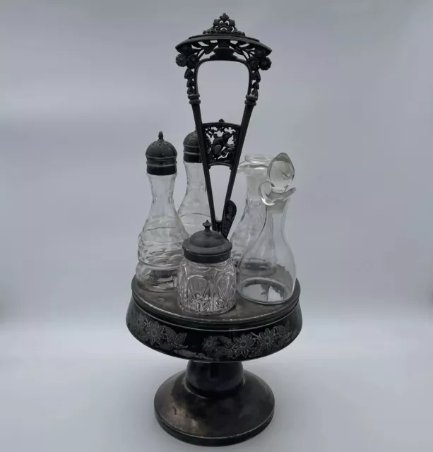 Antique Victorian Silverplate Rogers Smith 5 Crystal Castor Condiments Cruet Set