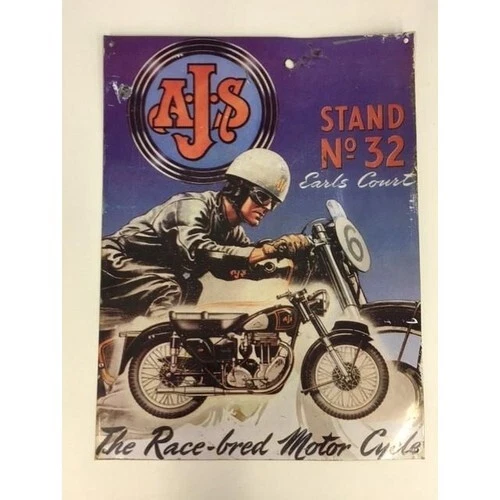 Ein Blechschild Werbeschild Earls Court Ständer Nr. 32 & mit AJS Motorrad