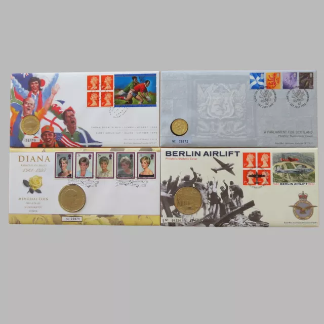 1999 Royal Mail £1 £2 £5 Medal Coin Covers - Royal Mint First Day Covers-Various