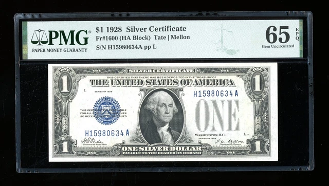 DBR 1928 $1 Silver Fr. 1600 Gem HA Block PMG 65 EPQ Serial H15980634A