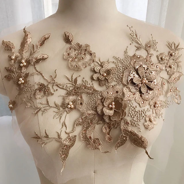 Lace Fabric For Clothes 3D Embroidery Applique Beaded Flowers Tulle Rhinestone,.