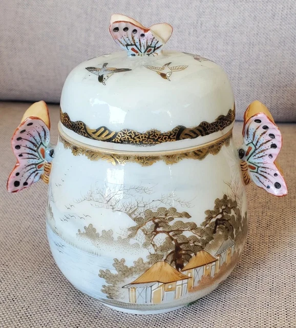 Japanese KUTANI Signed ANTIQUE NIPPON 1800's 19c BUTTERFLY HANDLE SUGAR BOWL