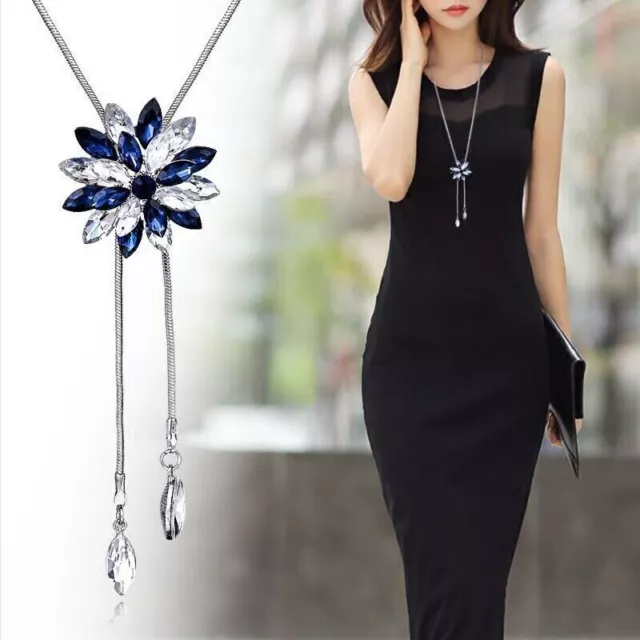 Women Crystal Pendant Long Tassel Charm Flower Pearl Sweater Necklace Jewellery