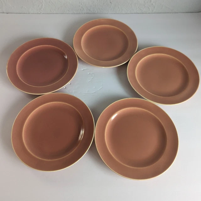 5 Vintage Homer Laughlin Wells Art Glaze Rose  W Cream 6" Plates. VX
