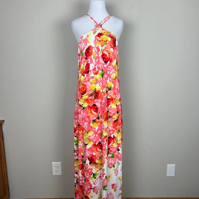 Cache Maxi Dress Womens XL Multicolor Floral Halter Stretch Feminine Strappy Cache Maxi Dress Womens XL Multicolor Floral Halter Stretch Feminine Strappy