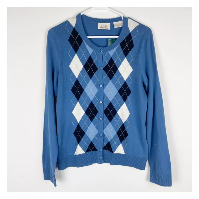 NWT EP Pro Cardigan Womens Size M Argyle Sweater Classic Blue Cotton Golf Peble