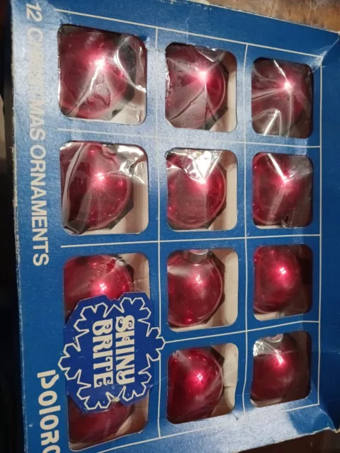 12 SHINY BRITE Red Glass Christmas Ball Ornaments in Orig Box for Poloron