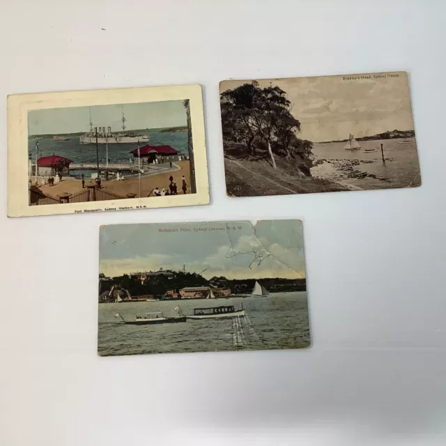 Year 1910 Sydney Harbour Postcards x3 Fort Macquarie  Bradley's Head Colour