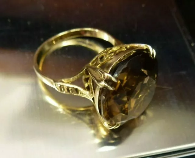 Large Smoky Quartz Hallmarked 9ct carat GOLD 1970s cocktail statement ring sz8 P