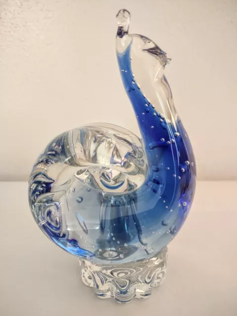 Vintage Art Glass Blue Controlled Bubble Snail Paperweight Figurine 6" Tall