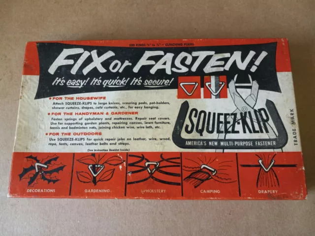 Vintage Squeez Klip Fix Or Fasten System Pliers & Rings, Instructions w/ Box