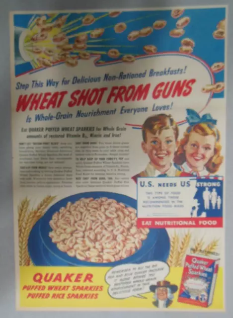 Quaker Cereal Ad: "Wheat Shot From Guns" Wartime from 1943 Size: 11 x 15 inches