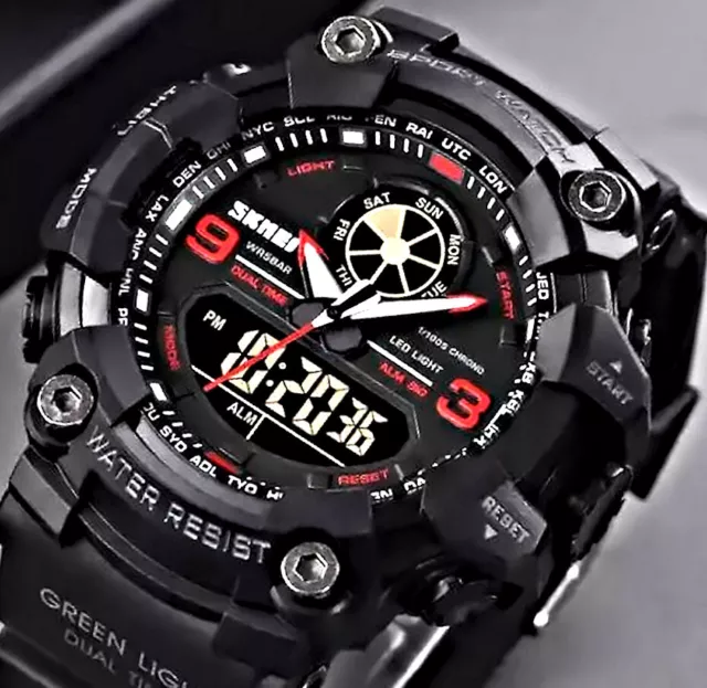 SKM Analog Digital Herren Männer Armband Uhr Rot Chronograph Grünes Licht 2