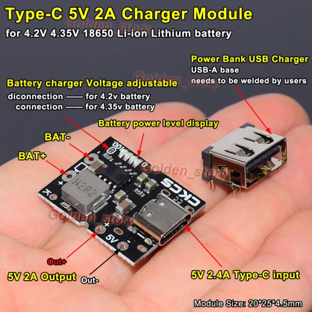 Módulo cargador de batería de iones de litio de iones de litio 5V 2A tipo C USB 3.7V 18650 HAZLO TÚ MISMO Banco de alimentación