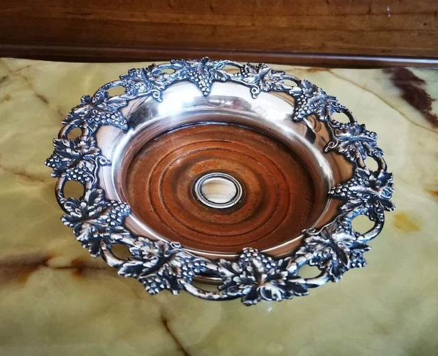 Antique Silver Tone Metal Wine Coaster With Grape Decoration